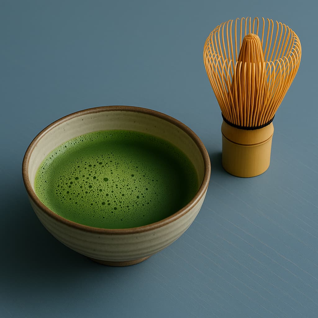 Bamboo chasen whisk resting beside a freshly whisked bowl of matcha_Bambus-Chasen neben einer Schale frisch zubereitetem Matcha