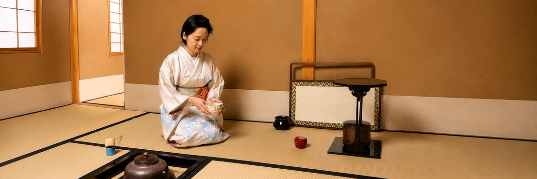 Authentische japanische Teezeremonie mit Matcha in Kyoto. Eine Teemeisterin im Kimono serviert hochwertigen Matcha in einem traditionellen Tatami-Teeraum – Inspiration für japanische Teekultur und Premium Matcha.