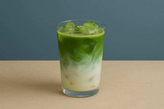 Erfrischender Iced Matcha Latte mit japanischem Grüntee, Eiswürfeln und Milch – gesundes Sommergetränk und veganes Superfood