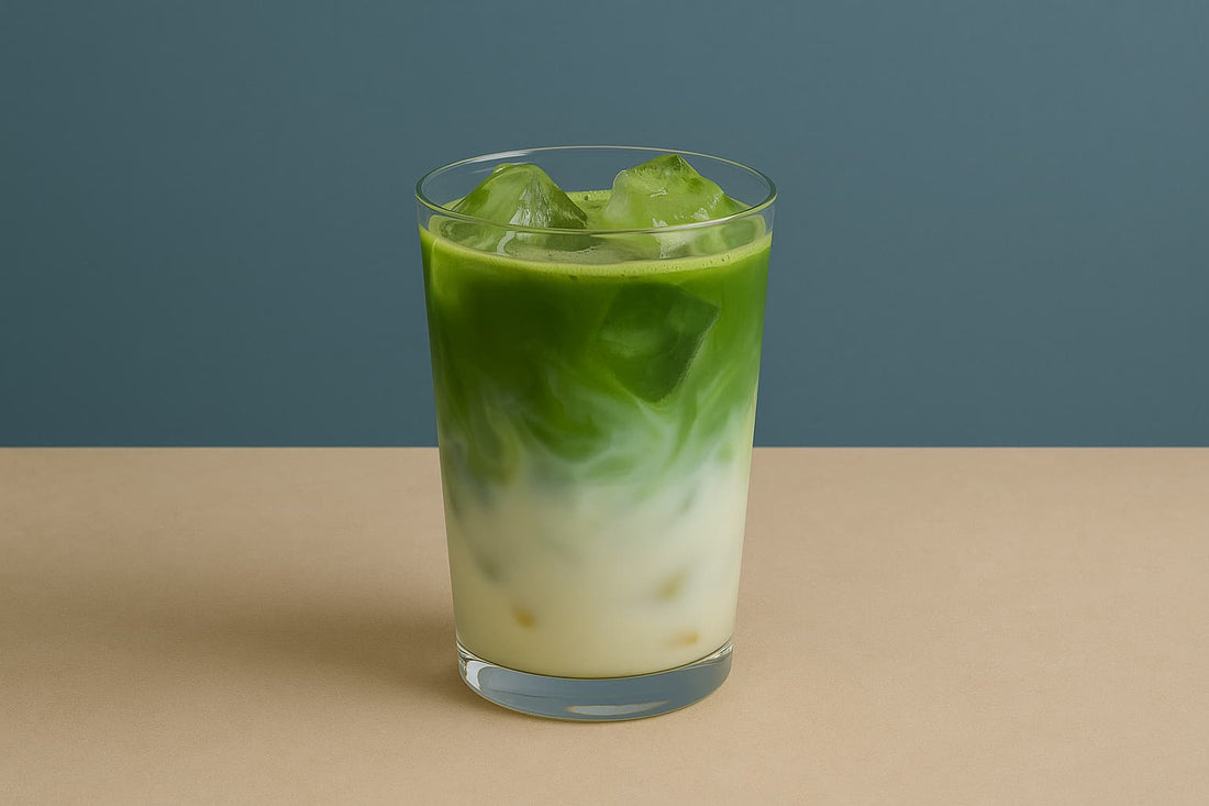 Erfrischender Iced Matcha Latte mit japanischem Grüntee, Eiswürfeln und Milch – gesundes Sommergetränk und veganes Superfood (Schweiz, Suisse, Switzerland)