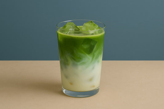 Erfrischender Iced Matcha Latte mit japanischem Grüntee, Eiswürfeln und Milch – gesundes Sommergetränk und veganes Superfood (Schweiz, Suisse, Switzerland)