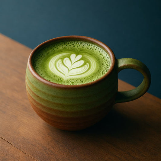 Japanischer Matcha Latte aus grünem Tee in einer handgefertigten Keramiktasse, mit feiner Latte Art auf cremigem Milchschaum, serviert auf einem Holztisch.