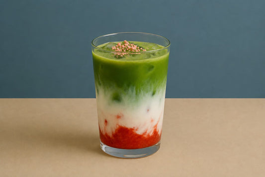 Eisige Erdbeer-Matcha-Latte mit Farbverlauf im Glas, garniert mit Erdbeeren_Iced strawberry matcha latte with gradient effect in a glass, garnished with strawberries (Schweiz, Suisse, Switzerland)