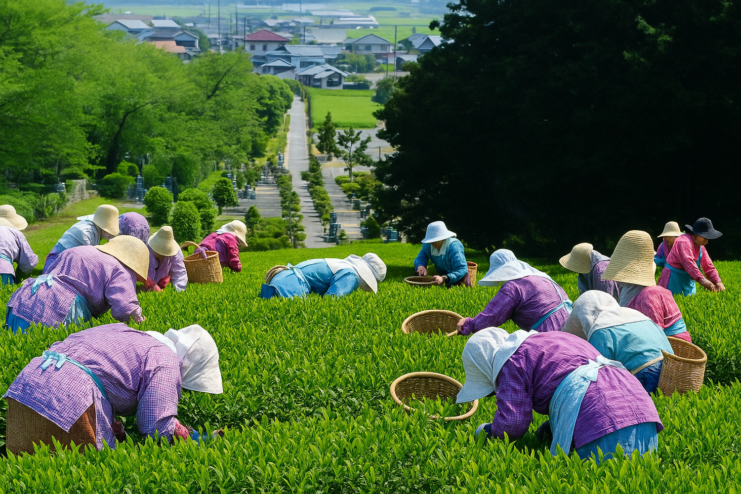 Japanische Teebauern beim traditionellen Teepflücken in Shizuoka – nachhaltiger Bio-Teeanbau für hochwertigen Matcha-Grüntee.
