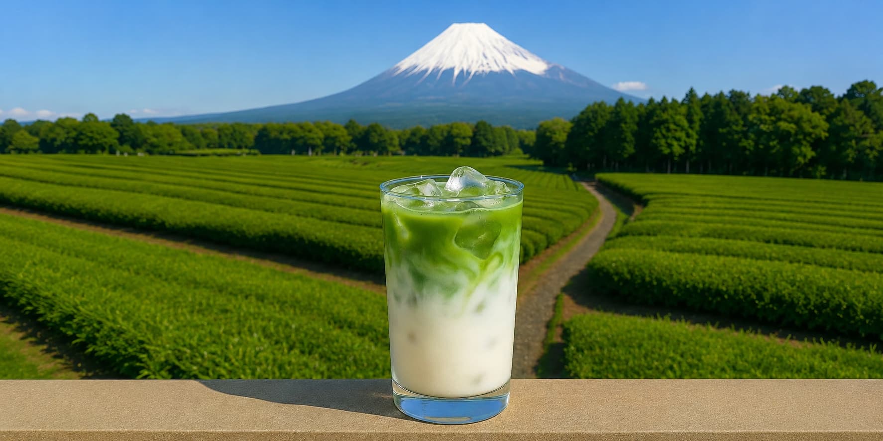 Cremiger Iced Matcha Latte im Glas mit Blick auf grüne Teefelder und den schneebedeckten Fuji in Shizuoka, Japan